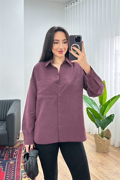 Kalın Çizgili Düğmeli Bordo Gömlek