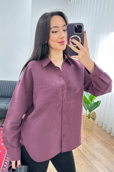 Kalın Çizgili Düğmeli Bordo Gömlek