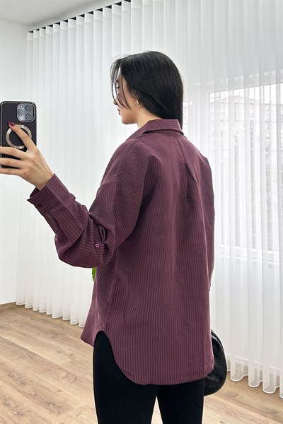 Kalın Çizgili Düğmeli Bordo Gömlek