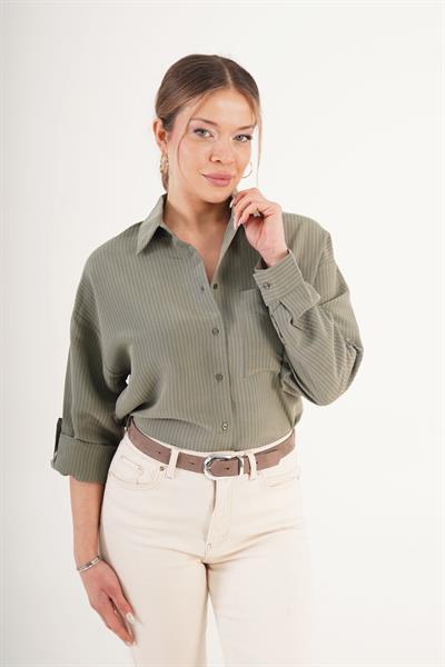 Kalın Çizgili Düğmeli Haki Gömlek