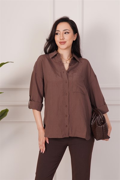 Kalın Çizgili Düğmeli Kahve Gömlek