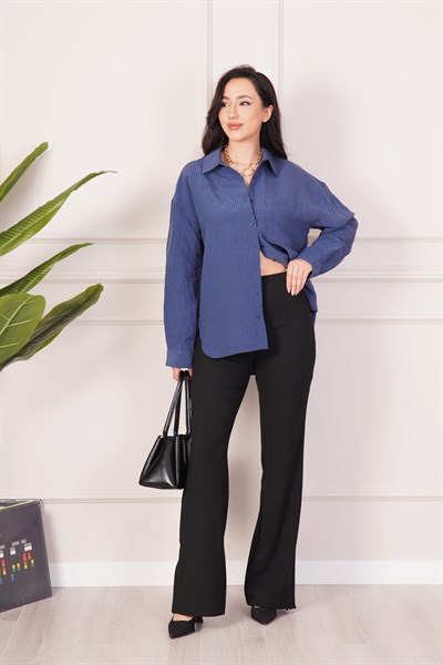 Kalın Çizgili Düğmeli Lacivert Gömlek