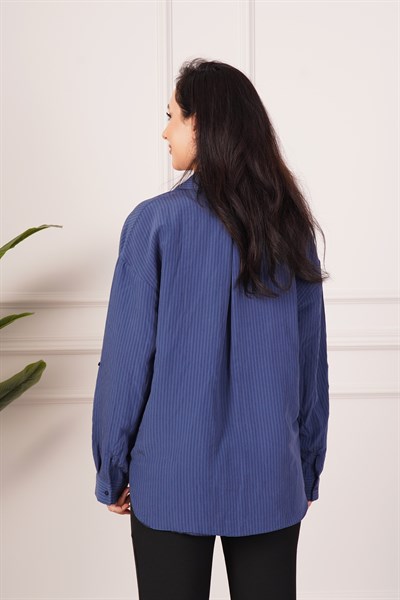 Kalın Çizgili Düğmeli Lacivert Gömlek