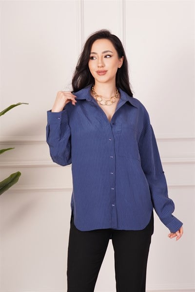 Kalın Çizgili Düğmeli Lacivert Gömlek