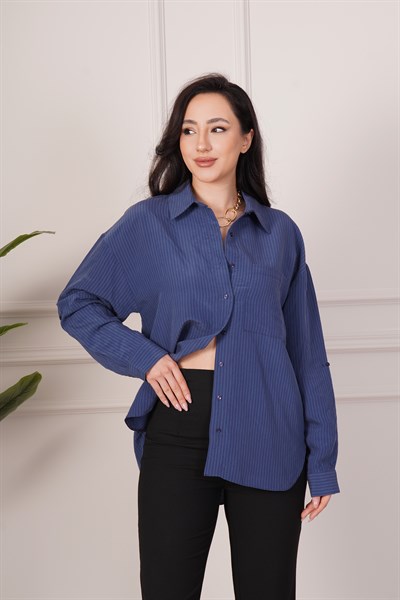 Kalın Çizgili Düğmeli Lacivert Gömlek