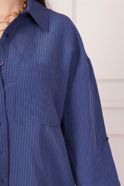 Kalın Çizgili Düğmeli Lacivert Gömlek