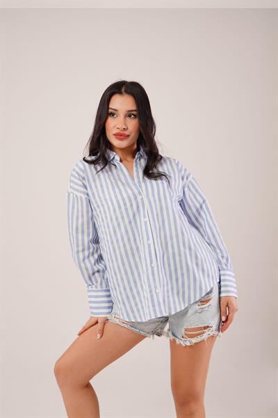Kalın Çizgili Mavi Poplin Gömlek