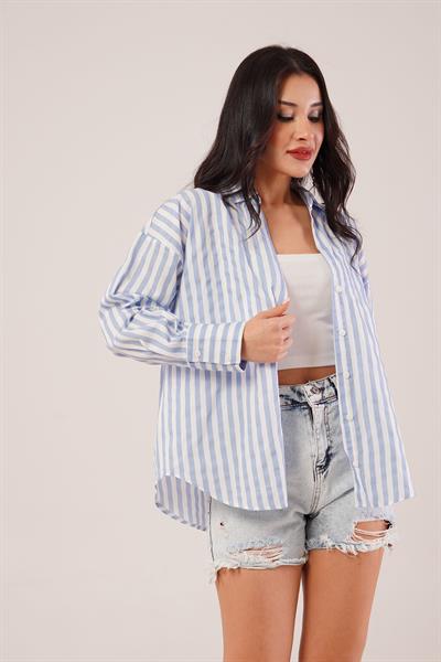 Kalın Çizgili Mavi Poplin Gömlek