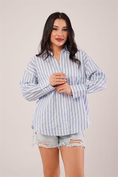 Kalın Çizgili Mavi Poplin Gömlek