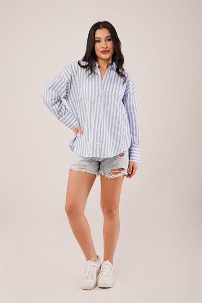 Kalın Çizgili Mavi Poplin Gömlek