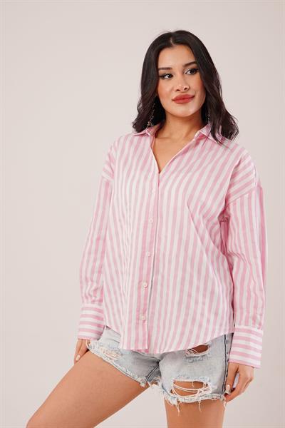 Kalın Çizgili Pembe Poplin Gömlek