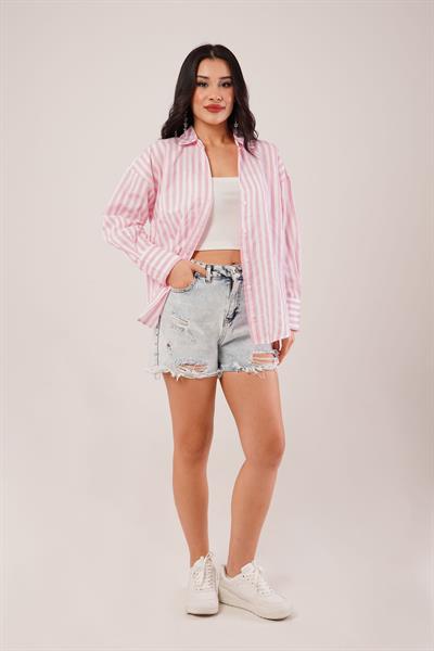 Kalın Çizgili Pembe Poplin Gömlek