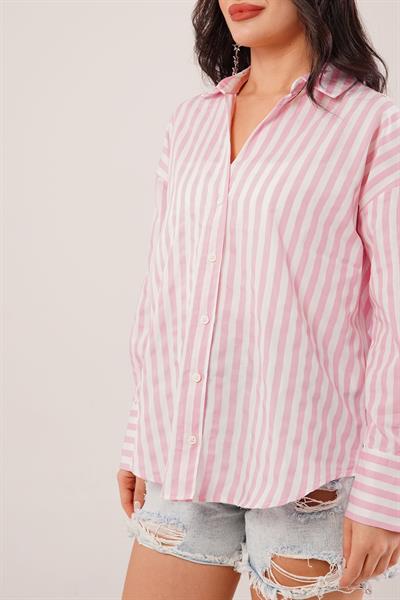 Kalın Çizgili Pembe Poplin Gömlek