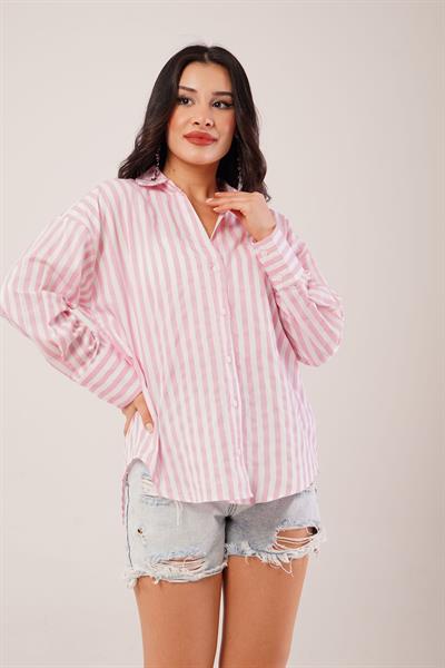 Kalın Çizgili Pembe Poplin Gömlek
