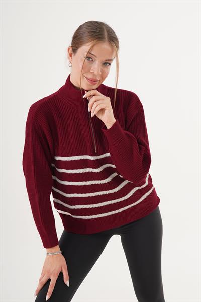 Kalın Çizgili Yaka Fermuarlı Bordo Triko Kazak