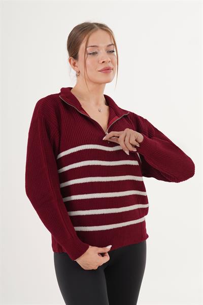 Kalın Çizgili Yaka Fermuarlı Bordo Triko Kazak