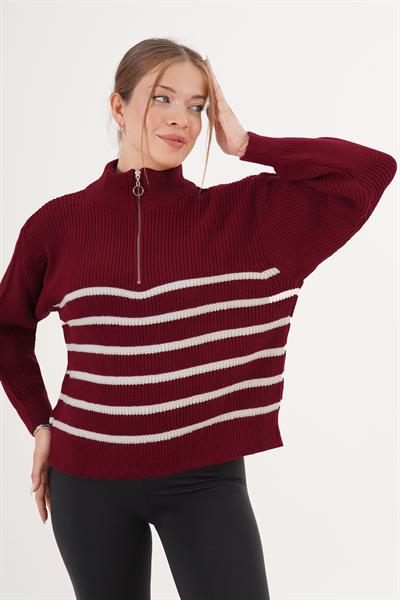 Kalın Çizgili Yaka Fermuarlı Bordo Triko Kazak