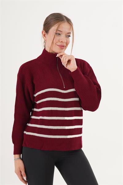 Kalın Çizgili Yaka Fermuarlı Bordo Triko Kazak