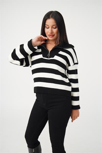 Kalın Çizgili Yaka Fermuarlı Siyah Tirko Kazak