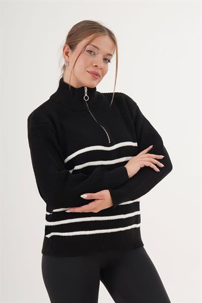 Kalın Çizgili Yaka Fermuarlı Siyah Triko Kazak