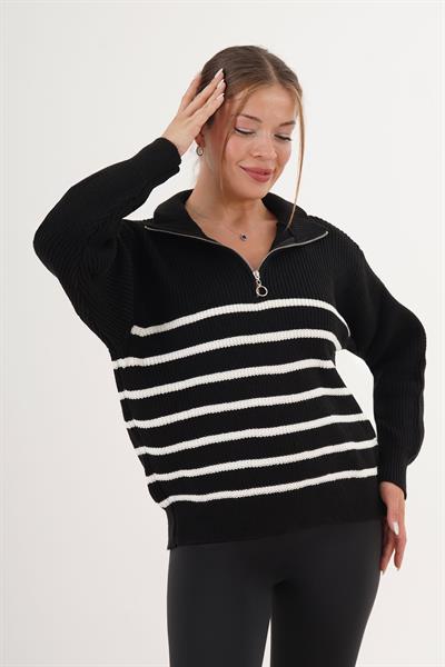 Kalın Çizgili Yaka Fermuarlı Siyah Triko Kazak