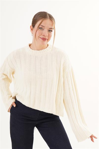 Kalın Örgü Salaş Bisiklet Yaka Bej Triko Kazak