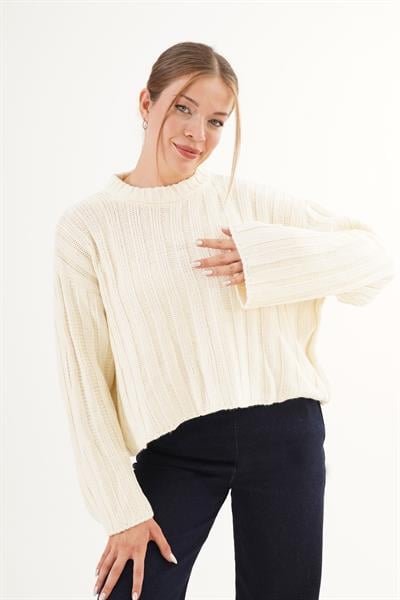 Kalın Örgü Salaş Bisiklet Yaka Bej Triko Kazak