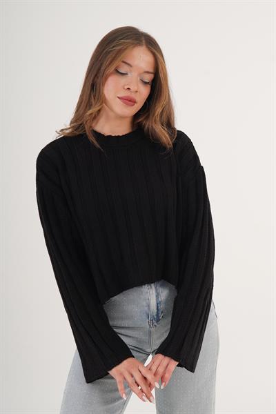 Kalın Örgü Salaş Bisiklet Yaka Siyah Triko Kazak