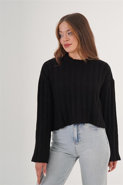 Kalın Örgü Salaş Bisiklet Yaka Siyah Triko Kazak