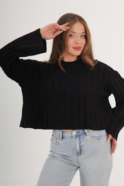 Kalın Örgü Salaş Bisiklet Yaka Siyah Triko Kazak