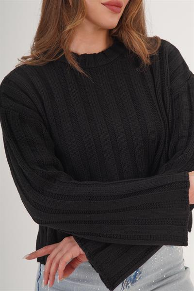 Kalın Örgü Salaş Bisiklet Yaka Siyah Triko Kazak