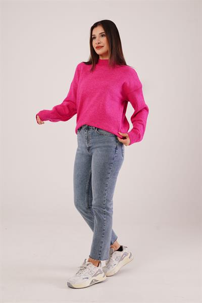 Kalın Yaka Ribanalı Basic Fuşya Triko Kazak