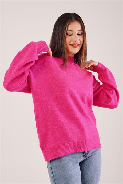 Kalın Yaka Ribanalı Basic Fuşya Triko Kazak