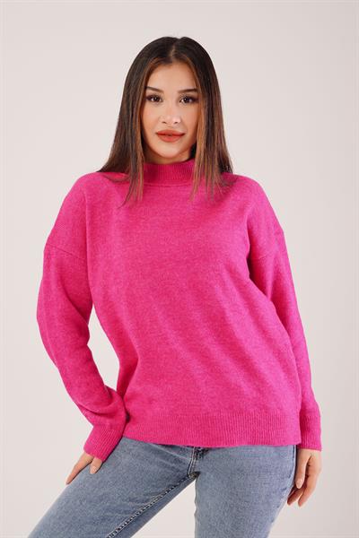 Kalın Yaka Ribanalı Basic Fuşya Triko Kazak