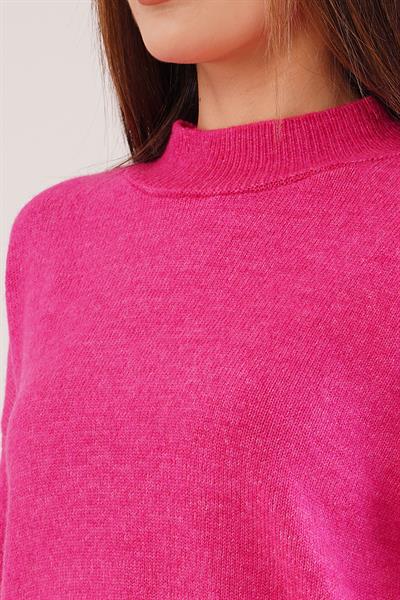 Kalın Yaka Ribanalı Basic Fuşya Triko Kazak