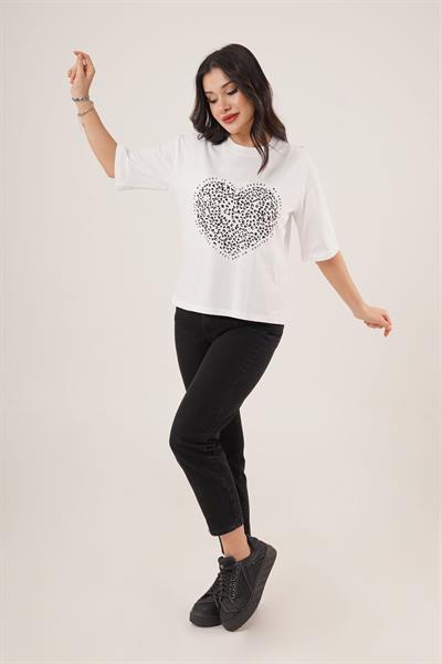 Kalp Baskılı Beyaz Crop Basic Tişört