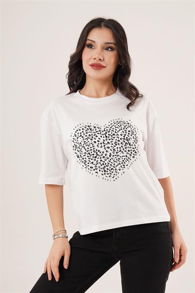 Kalp Baskılı Beyaz Crop Basic Tişört