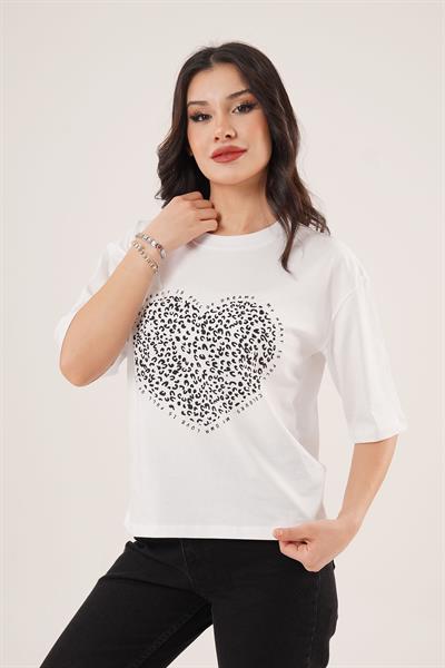 Kalp Baskılı Beyaz Crop Basic Tişört
