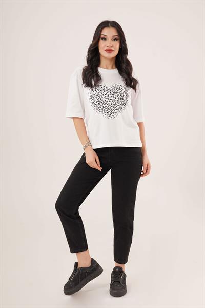 Kalp Baskılı Beyaz Crop Basic Tişört