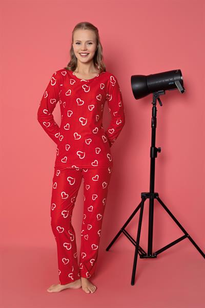 Kalp Desenli Bisiklet Yaka Kırmızı Pijama Takımı