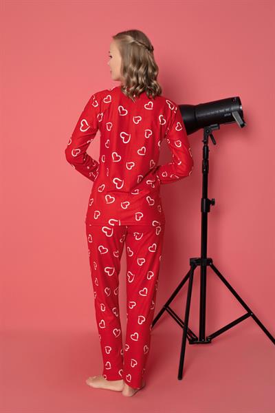 Kalp Desenli Bisiklet Yaka Kırmızı Pijama Takımı