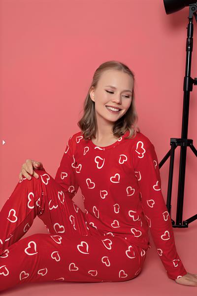 Kalp Desenli Bisiklet Yaka Kırmızı Pijama Takımı