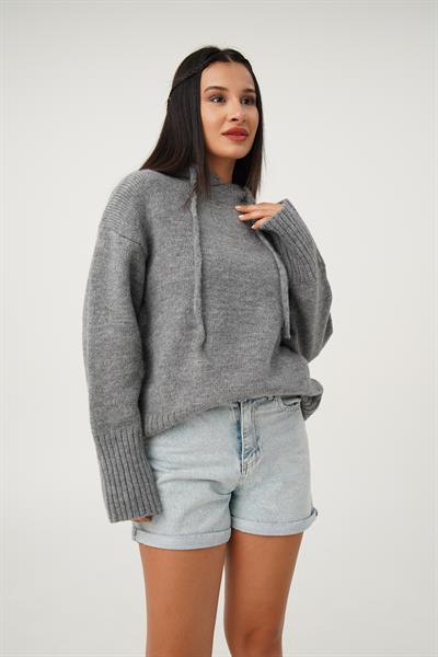 Kapüşonlu Antrasit Triko Sweatshirt Kazak