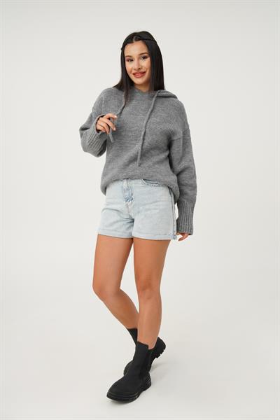 Kapüşonlu Antrasit Triko Sweatshirt Kazak