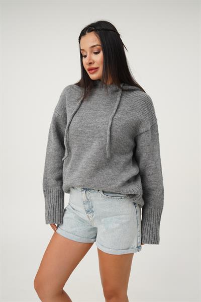 Kapüşonlu Antrasit Triko Sweatshirt Kazak