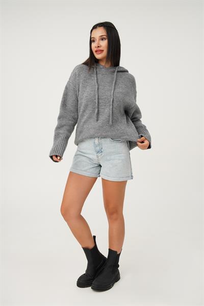 Kapüşonlu Antrasit Triko Sweatshirt Kazak