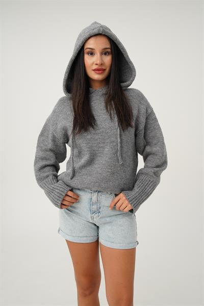 Kapüşonlu Antrasit Triko Sweatshirt Kazak