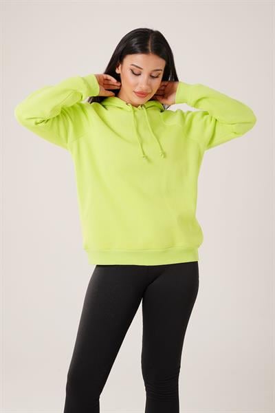 Kapüşonlu Bağcık Detaylı Neon Yeşili Sweatshirt