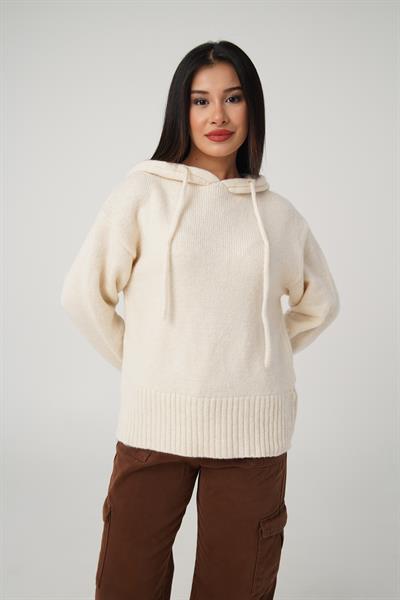 Kapüşonlu Bej Triko Sweatshirt Kazak