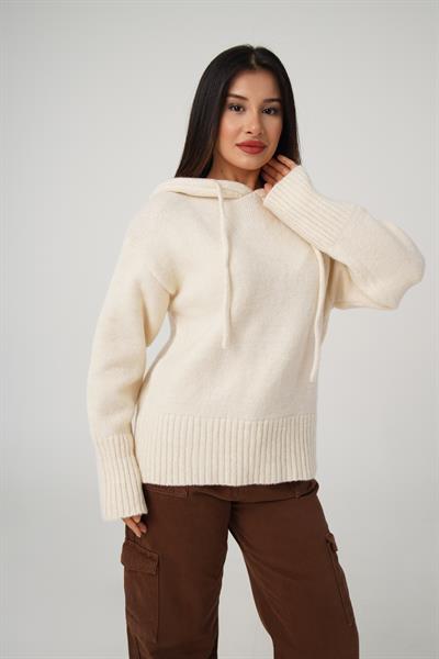 Kapüşonlu Bej Triko Sweatshirt Kazak